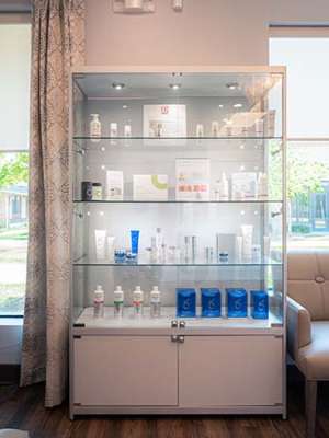 The display case showing the premium skincare products